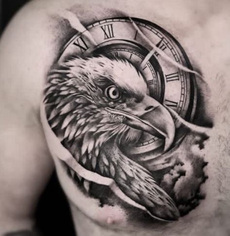 Eagle With Clock Tattoo, Eagle Clock Tattoo, Eagle Tattoo Arm, Clock Tattoo Sleeve, Eagle Chest Tattoo, Tattoo Eagle, Animal Sleeve Tattoo, Black And Grey Tattoo, Tiger Tattoo Design