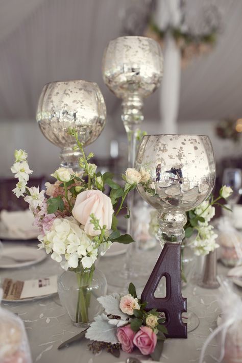 Mercury Glass Centerpiece Wedding, Glass Centerpiece Ideas, Organic Centerpieces, Glass Centerpiece Wedding, Hall Wedding Decorations, Mercury Glass Centerpiece, Wedding Centerpieces Romantic, Votive Centerpieces, Soft Neutral Color Palette