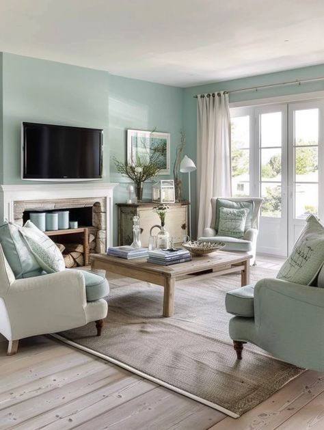 Living Rooms With Light Blue Walls, Duck Egg Blue Living Room Color Combos, Cream And Blue Living Room, Blue Living Room Walls, Modern Blue Living Room, Duck Egg Blue Living Room, Duck Egg Living Room, Aqua Living Room, Cottagecore Interior