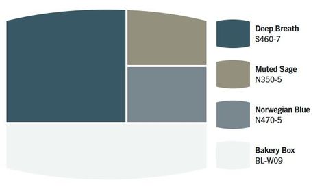 Neutral Blue Paint, Neutral Blue Paint Colors, Behr Color Palettes, Blue Bakery, Sage Palette, Behr Exterior Paint, Muted Sage, Behr Colors, Bakery Box