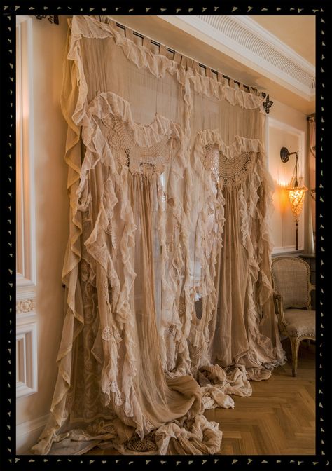 House Gown Curtains by Sera & Sestra — Sera of London Gown Curtains, Sera Of London, House Gown, Mysterious House, Vintage Colours, Sofa Throws, Aesthetic Apartment, Shabby Chic Curtains, Four Poster Bed