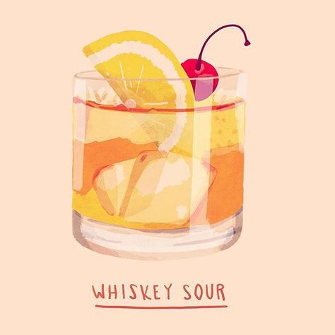 Whiskey Sour. Bourbon lemon juice simple syrup egg white. Lemon peel and cherry for garnish. #cocktails #nanlawson #illustration by nanlawson Cosmopolitan Drink, Keto Alcohol, Christmas Party Drinks, Cocktail Illustration, Colorful Cocktails, Sour Cocktail, Cocktail Book, Whiskey Sour, Festive Drinks