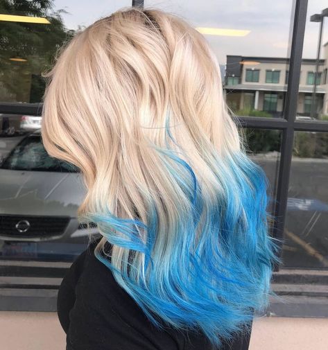 Blue Tips On Blonde Hair, Blonde To Blue Ombre Hair, Blue Hair Tips Blonde, Blue Tips Hair Blonde, Blue Dip Dye Hair Blonde, Blonde With Blue Tips, Blue Hair Highlights Blonde, Blonde And Blue Hair Ombre, Blonde Hair Blue Tips