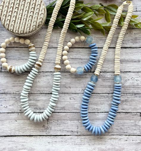 Sky Blue Necklace, Light Blue Bracelet, Fan Necklace, Blue Beaded Necklace, Recycled Glass Bead, Wood Bead Necklace, Beaded Jewelry Designs, Glass Light, African Beads