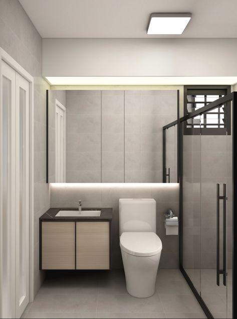 HDB minimalist toilet design for a 4 room resale apartment in Hougang, Singapore. The black frame door for the walk in shower gives an edge. The mirrored vanity doubles up space the narrow space in the toilet. Designed by Interior Designer Michael Lau. Hdb Toilet Vanity, Minimalist Toilet Design, Scandi Toilet, Hdb Toilet Design Singapore, Black Frame Door, Singapore Bathroom Design, Bto Toilet, Toilet Door Ideas, 5 Room Hdb