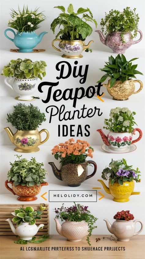 Transform old teapots into charming planters with these DIY ideas! Discover creative ways to upcycle teapots into unique and functional planters for your indoor or outdoor garden. Perfect for adding a whimsical touch to your decor while giving new life to vintage teapots. #DIYPlanters #TeapotPlanter #Upcycling #GardenDecor Tea Pot Planter Ideas, Upcycle Planters Diy Projects, Planters Diy Upcycle, Tea Cup Planters Diy, Diy Succulent Planters Ideas, Teacup Planter Ideas, Teapot Birdhouse Diy, Teapot Flower Pot, Diy Planters Indoor Creative