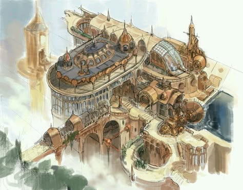 Décor Steampunk, Steampunk City, Fantasy Architecture, Rpg Map, Landscape Concept, Building Art, Fantasy Concept, Level Design, Fantasy City