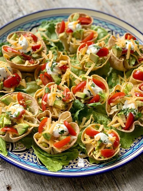 Taco Cupcakes With Tortillas, Petite Salad Appetizer, Upscale Recipes, Taco Salad Cups, Clemson Tailgate, Mini Taco Cups, Taco Appetizers, Salad Cups, Mexican Food Recipes Appetizers