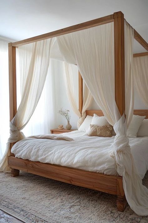 "Create a dreamy retreat with canopy beds and bed drapes! 🛏️✨ Perfect for adding elegance and romance to your bedroom decor. 🌟✨ #CanopyBed #BedDrapes #BedroomInspiration" Canopy Bed Small Bedroom, Four Poster Bed With Curtains, 4 Poster Bed Canopy, Farmhouse Canopy Beds, Poster Bed Canopy, Canopy Bed Drapes, Wooden Canopy Bed, Bedroom Set Designs, Bed Drapes