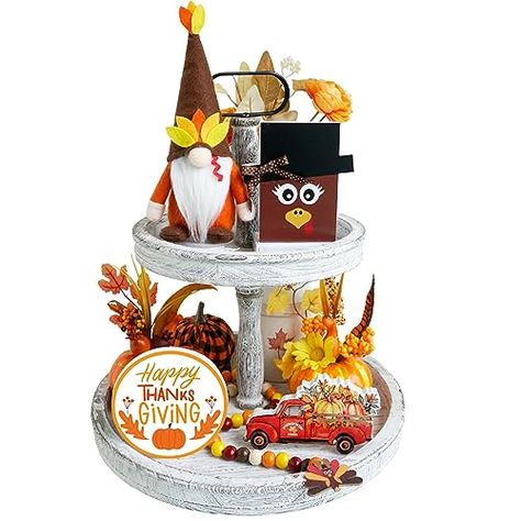 Farmhouse Kitchen Table Decor, Thanksgiving Tiered Tray Decor, Turkey Gnome, Wood Turkey, Thanksgiving Tiered Tray, Table Decor Thanksgiving, Thanksgiving Gnome, Farmhouse Kitchen Table, Table Fireplace