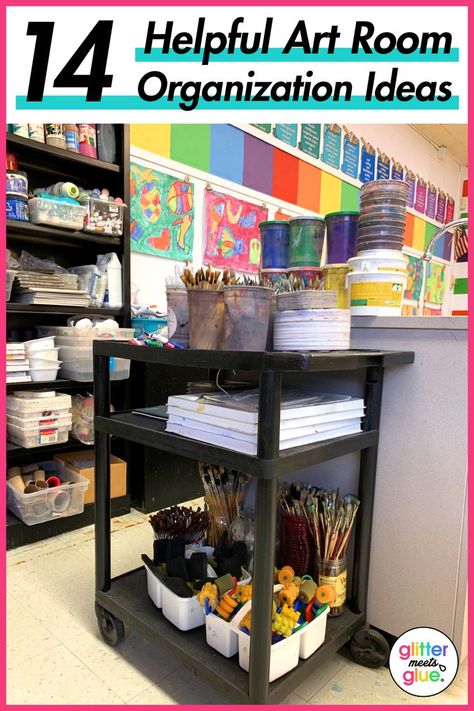 Need art room organization ideas for your elementary or middle school studio? Setting up an art room is lots of work. From planning your layout to figuring out art supply organization, it's essential to have a well-organized space that fosters creativity and maximizes efficiency. Click over to see how I store art projects, materials, and posters, use rolling carts, and capitolize off of vertical space. | Glitter Meets Glue Art Room Organization Ideas, Middle School Art Room, Art Room Organization, School Art Room, Room Organization Ideas, Art Supply Organization, Art Teachers, Middle School Art, School Art