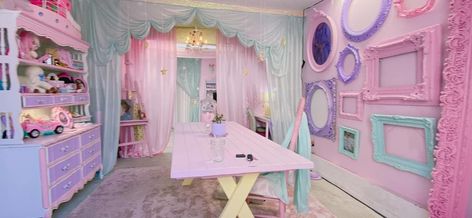 Pastel Goth Interior Design, Pastel Dollhouse Aesthetic, Kawaii Bed With Canopy, Goth Houses, Cool Room Decor, Kawaii Bedding For $40, Unicorn Bedroom Curtains & Drapes, Pastel Goth, Dream Bedroom