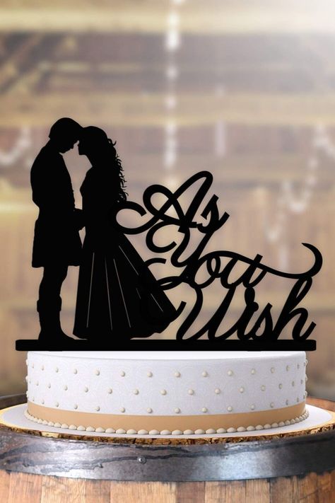 This fairy tail Wedding Cake Topper is a laser cut acrylic featuring the phrase “As you Wish” along with a bride The Princess Bride Wedding, Princess Bride Wedding Ideas, Princess Bride Wedding Theme, The Princess Bride Wedding Theme, Princess Bride Themed Wedding, Disney Cake Topper, Disney Wedding Cake Toppers, Princess Bride Wedding, Disney Wedding Invitations