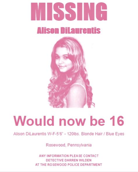 Allison Dilaurentis Missing Poster, Coquette Artwork, Alison Aesthetic, Small Town Mystery, Frat Party, Alison Dilaurentis, Posters For My Room, Hell Is A Teenage Girl, Poster S