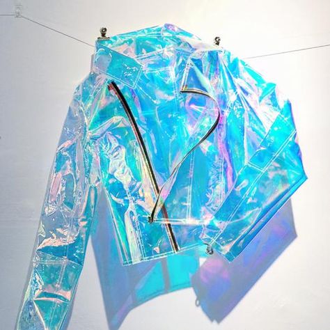 Holographic see through rainbow biker Mathilda Lando, Holographic Jacket, Holographic Fashion, Mola Mola, Kristina Webb, Alien Costume, Festival Looks, Women's Costumes, Adult Costumes