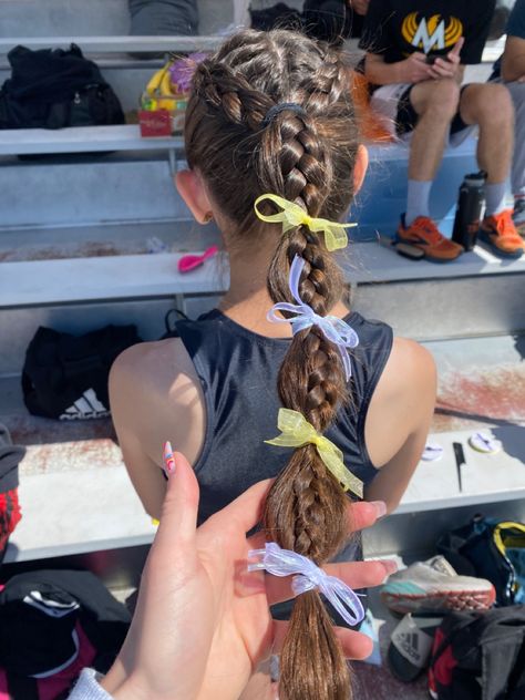 Braids For Track Meets, Racing Hairstyles Running, Sporty Hairstyles With Ribbon, Fun Track Hairstyles, Xc Hair Styles Ribbon, Track Hairstyles With Ribbon, Meet Day Hairstyles Track, Cute Track Hairstyles, Cross Country Hairstyles Runners