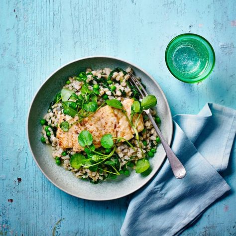 February seasonal recipe: Cod and Pearl Barley Risotto Cod Dinners, Crispy Cod, Salmon Fishcakes, Best Fish Recipes, Barley Risotto, Barley Recipe, American Dinner, Pearl Barley, Cholesterol Diet