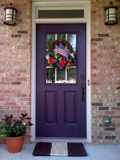 Red brick, purple door Trendy Front Door Colors, Purple Front Door, Purple Front Doors, Colors With Red Brick, Garage Door Colors, Garage Door Types, Blue Front Door, Door Colors, Purple Door