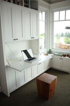 Drop down desk in built-in (looking) bookshelf. Hidden Desk, Laundry Room/mud Room, Murphy Bed Plans, Office Nook, Basement Design Ideas, Built In Bench, Built In Desk, Modern Home Office, Diy Desk