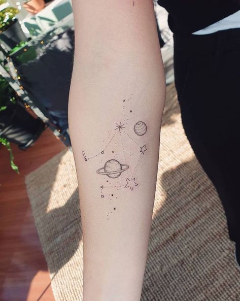 Fine line Libra constellation and galaxy tattoo on the Planet Moon And Stars Tattoo, Libra Tattoos Constellation, Fine Line Astronomy Tattoo, Stars And Galaxy Tattoos, Space Constellation Tattoo, Minimal Galaxy Tattoo, Tattoo Ideas Constellations, Universe Fine Line Tattoo, Constellation Libra Tattoo