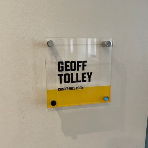 We made these custom acrylic identification signs to mark meeting rooms at Chemistry, a creative advertising agency. They honored past partner Geoff Tolley by naming the main agency conference room after him, and also showed their love for a certain local amusement park’s most famous rides – the Jack Rabbit and Thunderbolt.

#spark #signs #signage #signdesign #signagedesign #interiorsigns #acrylicsigns Conference Marketing, Meeting Room Signage, Conference Room Signage, Meeting Room Sign, Mission Statement Design, Company Signage Design Indoor, Meeting Room Door Signage, Meeting Room Names, Advertising Agency Office