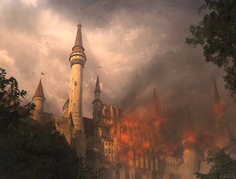 ArtStation - Burning castle, Philipp Dobrusin Castles Concept Art, Burning Castle, Medieval Buildings, Burning City, Castle Painting, Dark Castle, Castle Aesthetic, Entertainment Design, Magic Aesthetic