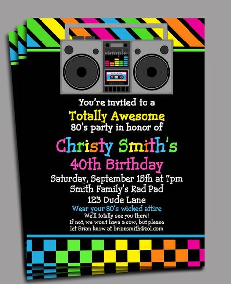 80s Party Invitation Printable or Printed with FREE SHIPPING - Personalized for your Party, Birthday, Dance Party, Reunion, Etc. 80s Bday Party, 80s Themed Party, 80s Party Ideas, 80s Birthday Party, 80's Theme Party, 80s 90s Party, 40th Bday Party, 80s Birthday Parties, 80s Birthday