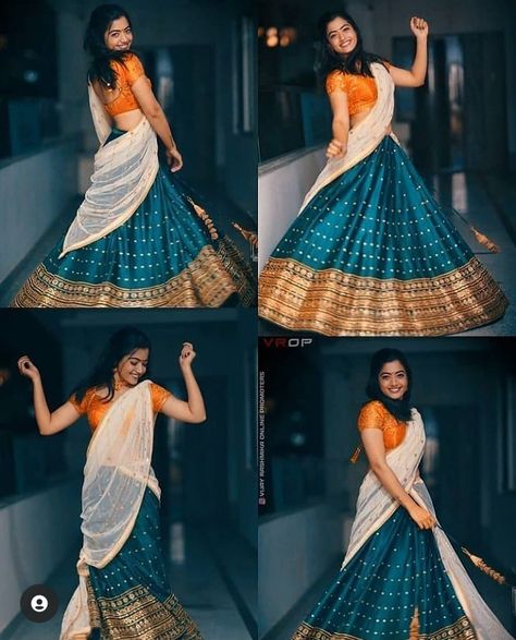 Rashmika Mandana Half Saree Pics, Rashmika In Lehenga, Half Saree Pic Poses, Half Saree Poses Photoshoot Ideas At Home, Half Saree Pics Poses, Poses In Half Saree For Photoshoot, Half Saree Photo Poses, Half Saree Stills Indoor, Half Saree Photoshoot Poses