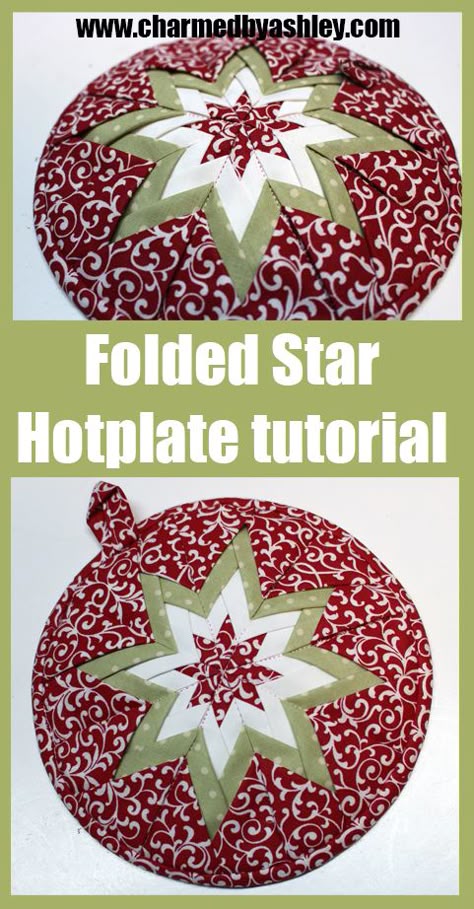 Quilted Potholder Pattern, Hot Pads Tutorial, Folded Star, Quilted Potholders, Folded Fabric Ornaments, Potholder Patterns, Folded Fabric, Seam Allowance, Quilt Block Tutorial