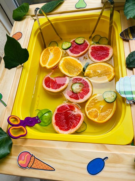 Preschool Fruit Salad Activities, Citrus Sensory Bin, Fruit Sensory Bin, Preschool Food, Summer Fun For Kids, Tropical Fruits, Tropical Fruit, Hungry Caterpillar, Citrus Fruit