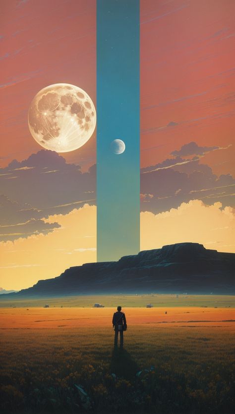 Illustration of a man standing in a field looking at a full moon, frank moth, beeple and jean giraud, collage style joseba elorza, dan mcpharlin, bekzinski, beeple and greg rutkowski, beeple and tim hildebrandt, kilian eng. Moebius, surreal illustration, surreal flat colors Dan Mcpharlin, Tim Hildebrandt, Illustration Surreal, Kilian Eng, Standing In A Field, Surreal Illustration, A Man Standing, Greg Rutkowski, Funky Fish