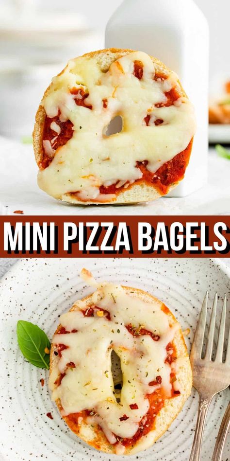 Quick and easy, these Mini Pizza Bagels are the perfect snack, appetizer or meal that you can customize that the whole family enjoys. Mini Pizza Bagels In Oven, Bagel Snacks, Mini Bagels Recipe, Mini Pizza Bagels, Mini Bagel Pizza, Recipes Using Ham, Types Of Bagels, Mini Bagels, Pizza Bagels