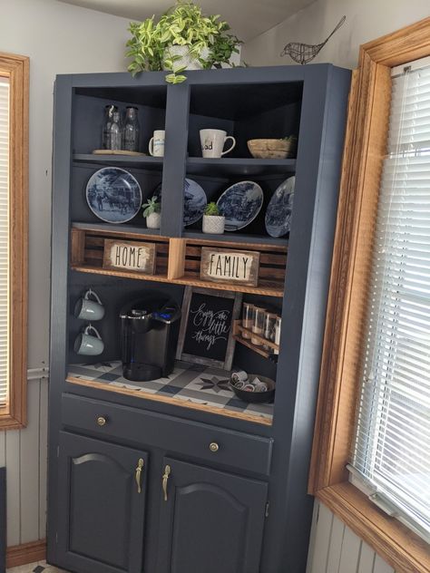 Navy Coffee Bar, Hutch Makeover Coffee Bar, Corner Hutch Makeover, Corner Hutch Dining Room, Hale Navy Paint, Corner Cabinet Makeover, Coffee Hutch, Flea Market Flip Ideas, Ikea Spice Rack