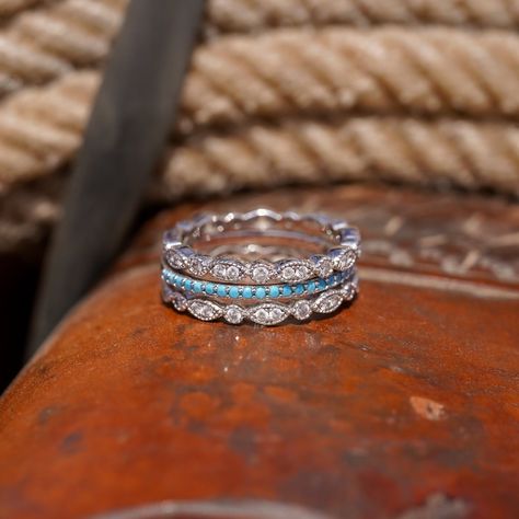 Rustic Wedding Rings For Women, Turquoise Jewelry With Wedding Dress, Country Promise Rings For Her, 3 Ring Stack, Promise Ring Western, Western Turquoise Promise Rings, Western Promise Ring, Turquoise Promise Rings, Simple Western Wedding Rings