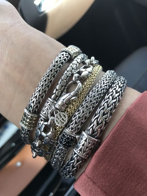 John Hardy Bracelet Stack, John Hardy Jewelry Men, Bracelets Man, Sterling Silver Stacking Bracelets, John Hardy Bracelet, Mens Chains, Ancient Jewels, Modern Silver Jewelry, John Hardy Jewelry