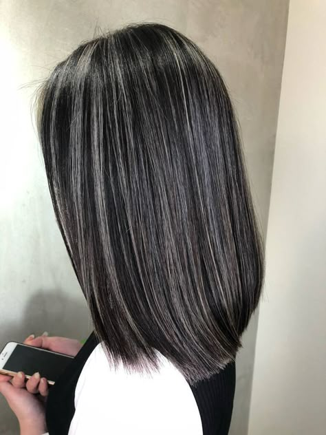 Silver Babylights On Dark Hair, Brunette Hair With Silver Highlights, Silver Hair Highlights On Black Hair, Hair Color Highlights For Black Hair, Gray Highlights On Black Hair, Black Hair With Gray Highlights, Grey Blending Hair, Gray Highlights On Dark Hair, Black And Gray Hair