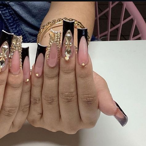 Short Dramatic Nails, French Tip Acrylics Short, Acrylic Nails Dramatic, Nail Designs Extra Long, Nail Designs Extra, French Nails With Gems, Acrylics French Tip, Black And Gold Acrylics, Nails Dramatic