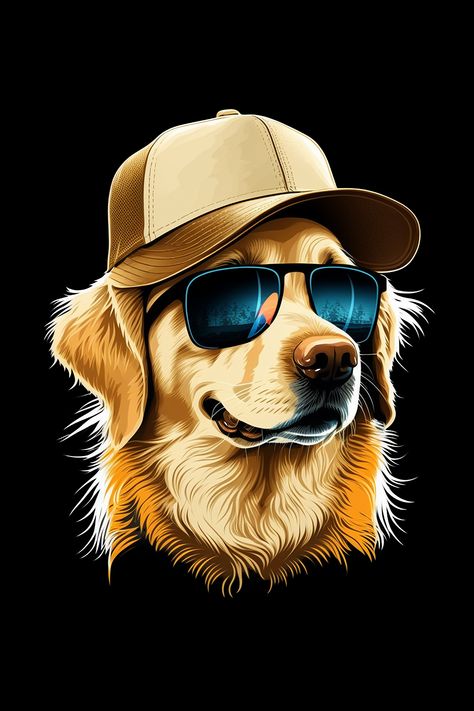 A Golden Retriever wearing sunglasses and cap. This cool dog vector style illustration will be perfect gift for a proud mom or dad or anyone who are Golden Retrievers. Golden Retriever Logo, Sun Glasses Illustration, Design T Shirts Ideas, Hannah Wallpaper, Animals Wearing Sunglasses, Vishu Wishes, Prints For Shirts, Golden Retriever Wallpaper, Golden Retriever Drawing