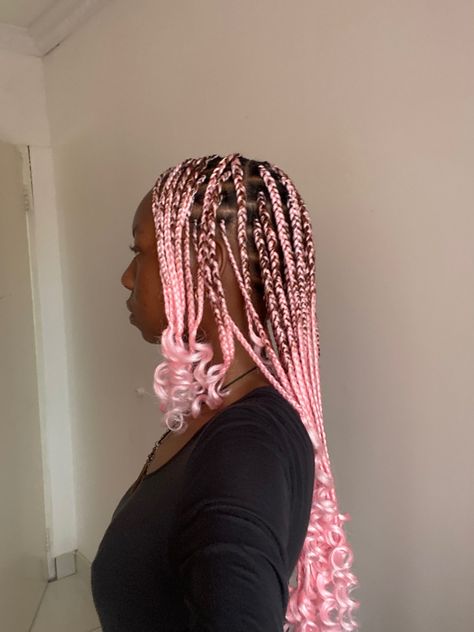 Pink braids Black Mixed With Pink Braids, Brown And Pink Mixed Braids, Large Pink And Black Knotless, Pink Tinsel Braids, Light Pink Braids With Beads, Pastel Pink Box Braids, Pink Bubble Braids, Pink Curly Braids, Light Pink And Black Braids