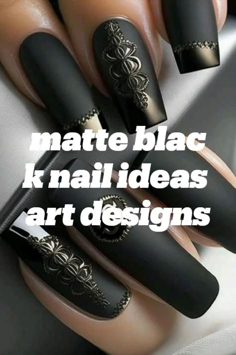 Black Nails With Flower Design, Matte Black Nail Ideas, Nail Ideas Art, Black Nail Ideas, Matte Black Nails, Matte Nails Design, Flower Nail Designs, Spring Nail Designs, Black Nail