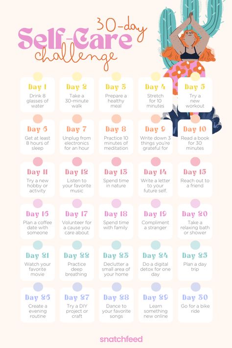 30-Day Self Care Challenge for girls. #weightloss #thatgirlfeed #thatgirlmorningroutine #pilates #journalprompts #workoutsforwomen Self Care Challenge Ideas, March Self Care Challenge, 30 Day Challenge Lifestyle, March Self Care, 30 Day Challenge Ideas Fun, 30 Hard Challenge, 30 Days Challenge Self Care, March Vision Board, 30 Day Self Care Challenge