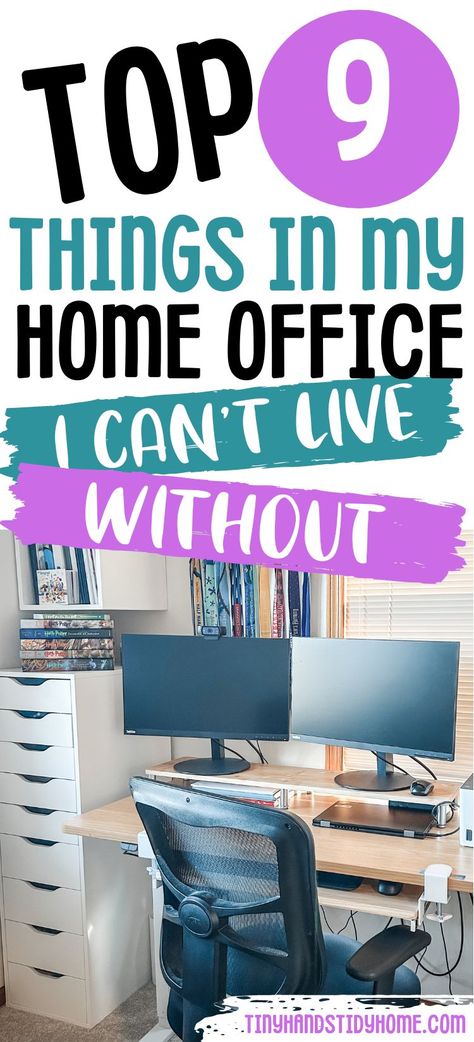 A home office with drawers, a desk, office chair, and two computer monitors. The text over the image reads, "Top 9 things in my home office I can't live without". Teach From Home Office, Remote Home Office, Remote Office Setup Ideas, Remote Home Office Ideas, Work From Home Must Haves, Work From Home Setup Small Spaces, Small Work From Home Space, Double Monitor Setup Home Office, Remote Office Setup