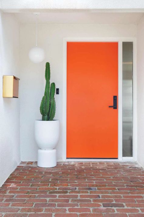 A Rescued 1957 Ranch - Atomic Ranch Mcm Front Door, Mid Century Ranch Remodel, 1960s Ranch House Remodel, Mid Century Modern Exterior Paint, Midcentury Modern House Exterior, Midcentury Modern Exterior, Atomic Ranch House, Orange Front Door, Mid Century Modern Front Door