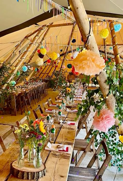 Featuring over 100 images of table setting inspiration from our beautiful tipi weddings. Rustic country chic to fun, colourful style, botanical and boho decor. Wedding Table Decorations Colourful, Boho Budget Wedding, Rustic Colourful Wedding, Tipi Wedding Table Decoration, Festival Wedding Decor, Festival Inspired Wedding, Colourful Boho Wedding, Picnic Table Wedding Decor, Wildflower Barn Wedding