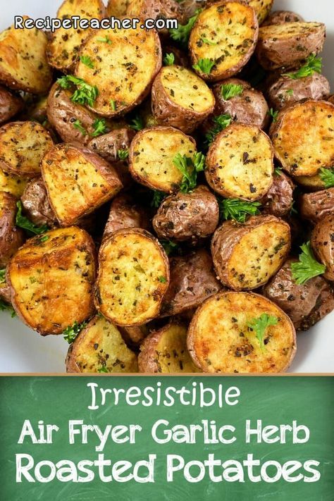 25 minutes · Vegan Gluten free · Serves 4 · Baby red potatoes, seasoned with garlic and herbs, roasted to perfection in your air fryer. Easy recipe that's ready in about 20 minutes. Roasted Potatoes Recipes, Garlic Herb Potatoes, Garlic Herb Roasted Potatoes, Recipe Teacher, Herb Potatoes, Baby Potato Recipes, Air Fryer Easy, Red Potato Recipes, Air Fryer Garlic