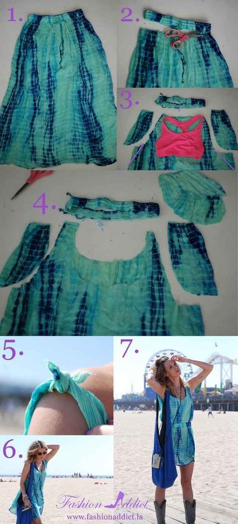 Fashion a cute dress from an oversized skirt? Yes please! | 41 Awesomely Easy No-Sew DIY Clothing Hacks Mode Coachella, Moda Coachella, Diy Summer Clothes, Diy Sy, Dress Craft, Diy Clothes Refashion, Mode Tips, Diy Clothes Videos, Diy Vetement