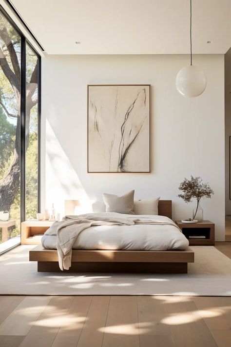 California Organic Interior, Organic Modern Bedroom Green, Organic House Decor, Platform Bed Styling, Mediterranean Modern Bedroom, Organic Modern Loft, Minimalism Bedroom Ideas, Minimal Bedroom Design Ideas, Organic Modern Bedroom Inspiration