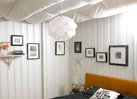 Unfinished Basement Walls, Unfinished Basement Ceiling, Cheap Basement Ideas, Basement Ceiling Painted, Basement Ceiling Options, Trofast Ikea, Low Ceiling Basement, Fabric Ceiling, Diy Basement