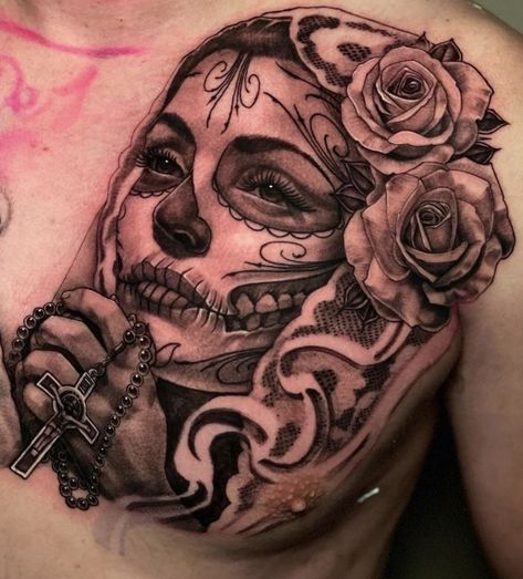 Mexico Back Tattoo, Mexican Female Tattoo, Day Of The Dead Sleeve Tattoo, Mexican Style Tattoos For Women, Mexican Skull Tattoos Women, Dia De Los Muertos Tattoo Ideas Woman, Mexican Skeleton Tattoo, Aztec Tattoo Mexican For Women, Skull Woman Tattoo