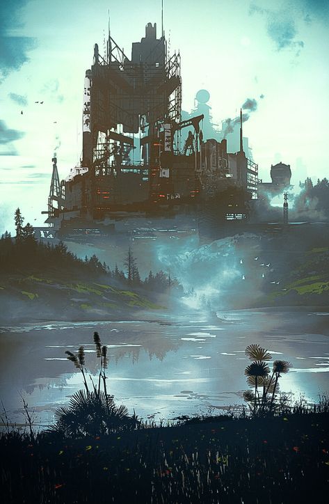 Industrial City Art, Fantasy Factory Art, Industrial City Concept Art, Punk Types, Factory Concept Art, Factory Landscape, Sketch Landscape, Fantasy Factory, Steampunk City